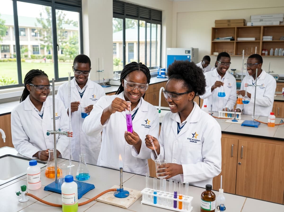African secondary students conducting chemistry practicals in science laboratory